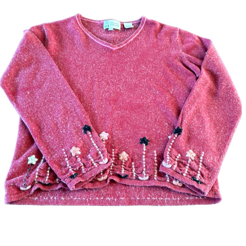 Red V Neck Sweater with Floral Embroidery
